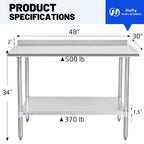 Hally Stainless Steel Table 30 x 48 in, Kitchen Prep Work Table, Backsplash | Gives outdoor cooks or repair teams ample room for gear; lower shelf organizes supplies and raised edge helps contain messes.