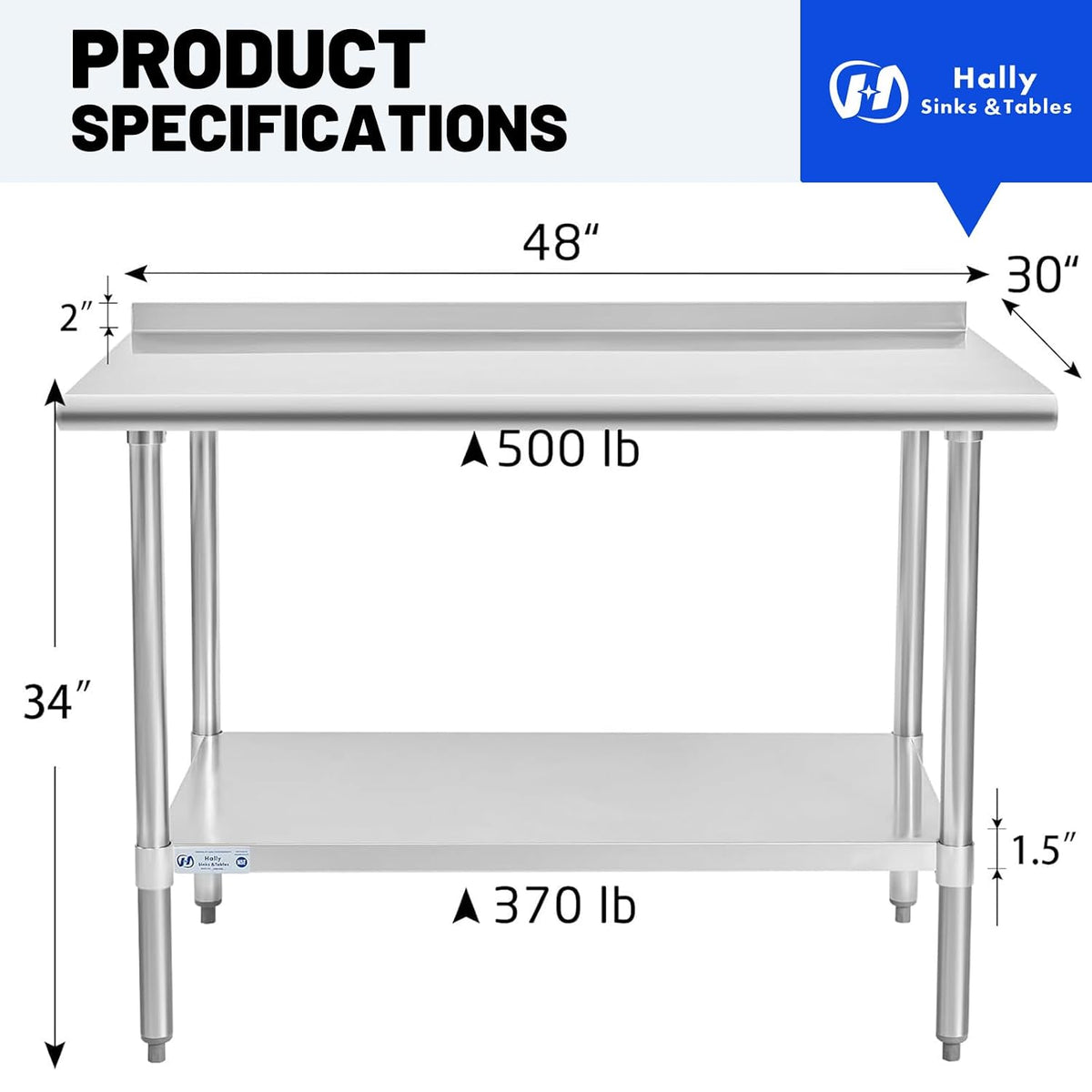 Hally Stainless Steel Table 30 x 48 in, Kitchen Prep Work Table, Backsplash | Gives outdoor cooks or repair teams ample room for gear; lower shelf organizes supplies and raised edge helps contain messes.