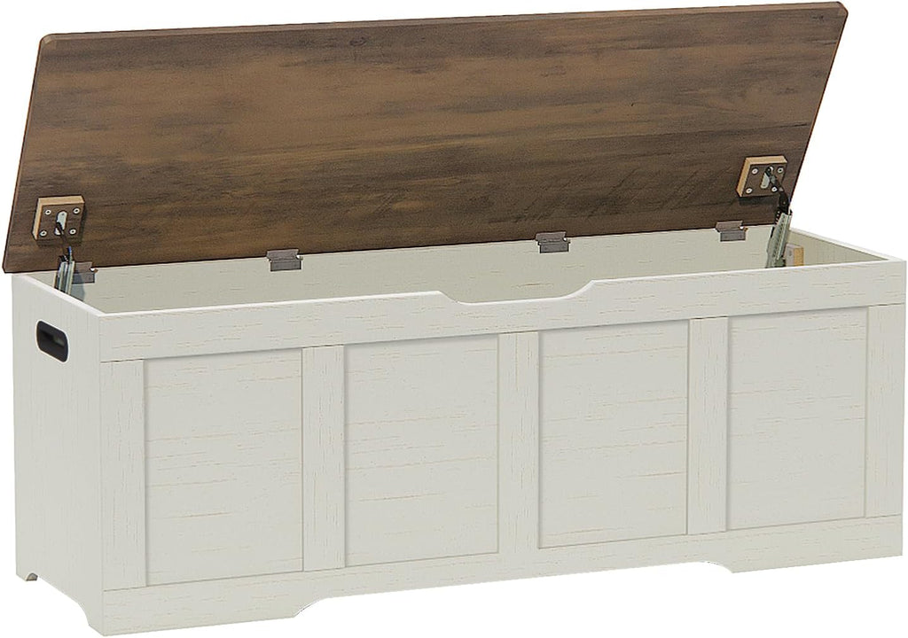 Timberer 47.2" Storage Chest, Extra Large Storage Trunk with 2 Safety Hinges, Wooden Storage Bench, Shoe Bench, Entryway Bench for Living Room, Bedroom, Brown and Rustic White