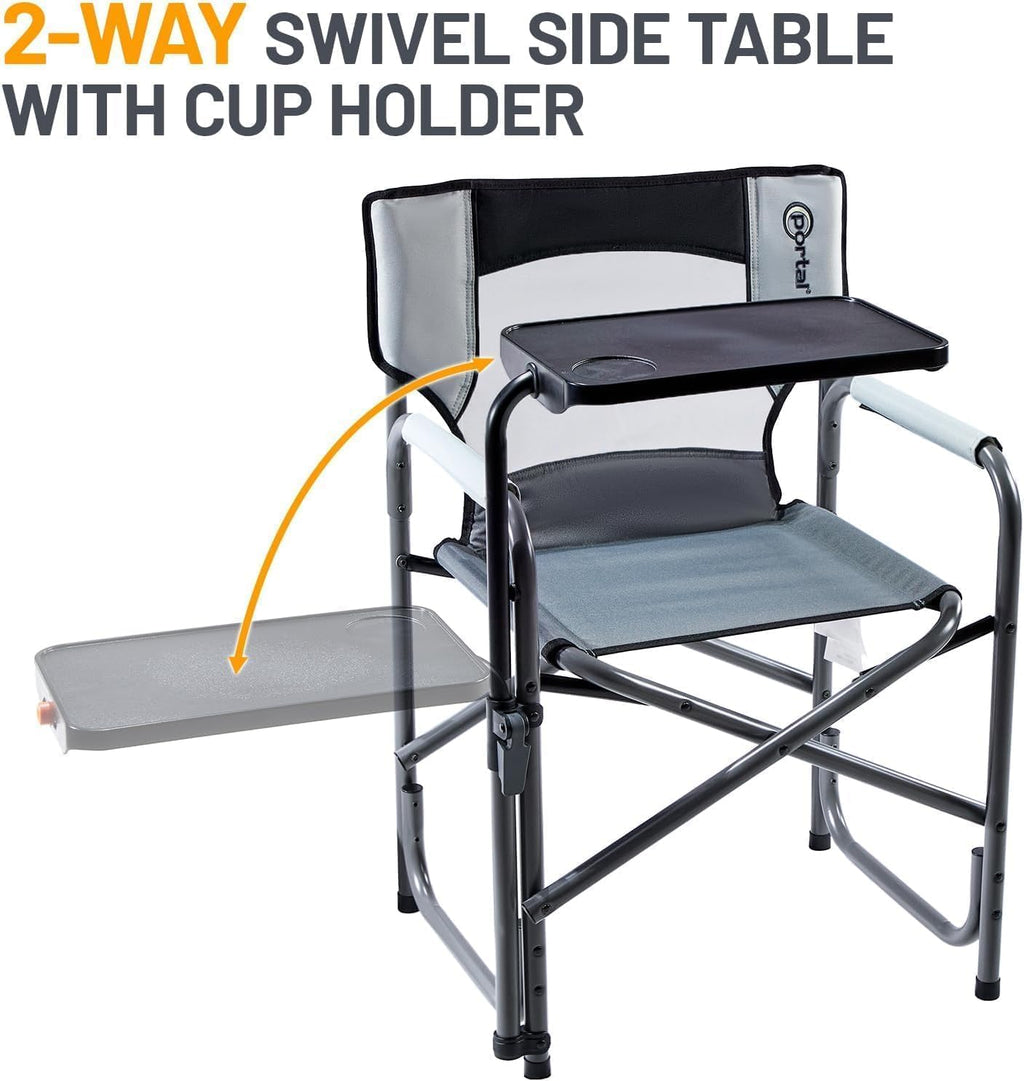 Portal Director Camping Chair with 2-Way Rotating Side Table, 300 lb, Gray | Height-Adjustable Swivel Tray with Cup Holder, Breathable Mesh Back, Portable for Camping, Tailgating, Lawn and RV Travel