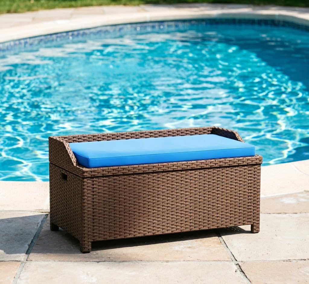 2-in-1 Outdoor Wicker Storage Bench with Cushion - 34 Gallon Patio Deck Box with Gas Struts - Weather-Resistant Aluminum Garden Bench for Porch, Pool & Backyard