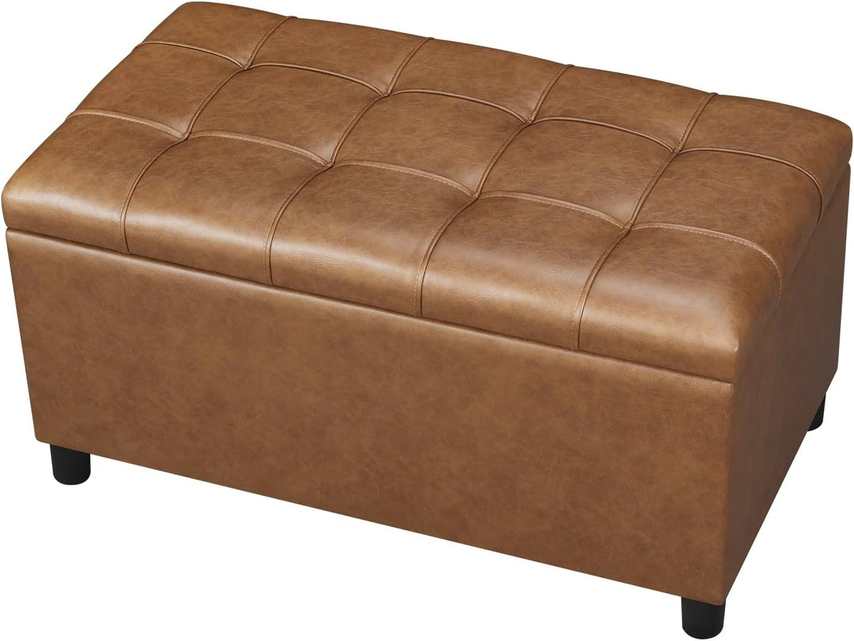 Joveco Storage Ottoman Bench, 32 Inches Faux Leather Rectangle Tufted Foot Stool for End Foot of Bed, Bedroom, Living Room,Warm Golden Brown