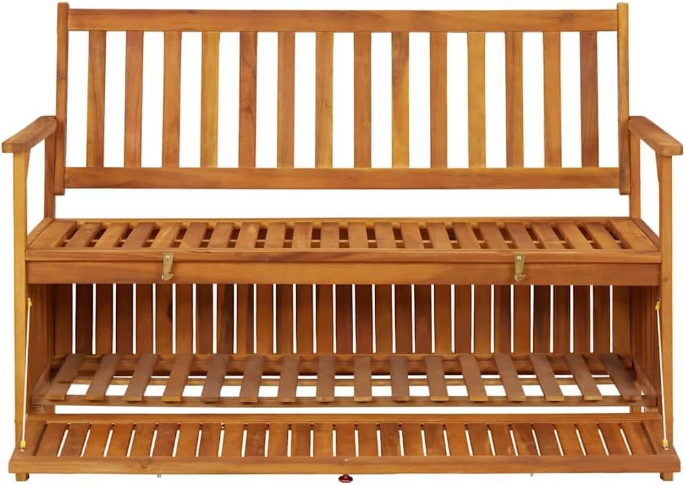 Patio Storage Bench 47.2" Solid Acacia Wood Outdoor Bench Seat with Armrests and Backrest, Garden Bench for Front Porch Furniture and Patio Furniture Storage