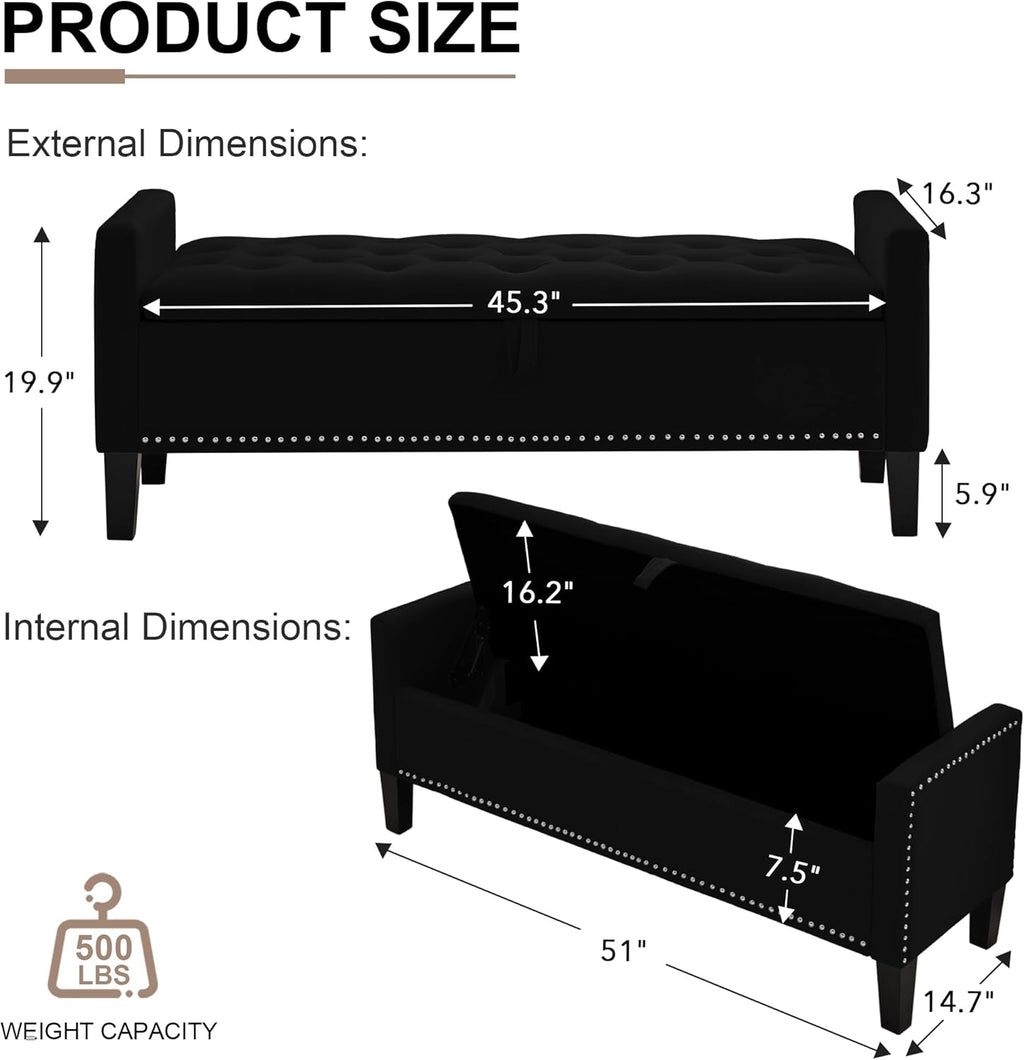 Storage Ottoman Bench, Velvet Upholstered Footstool for Bedroom and Living Room, Tufted Seat with Storage, Wooden Legs & Metal Rivets, Black