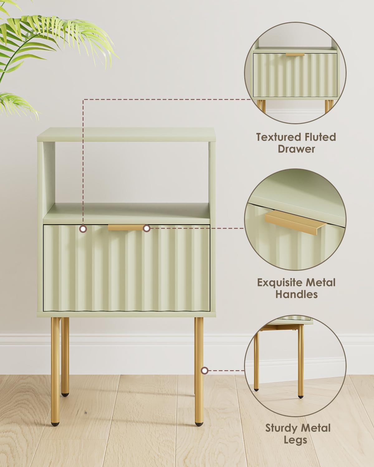 Nightstand,Modern Bedside Table with Gold Frame,Night Stand,Bedside Furniture, Modern Side Table with Drawer and Shelf for Bedroom,Living Room (Green)
