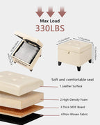 Asense 17 Inch Storage Ottoman Foot Rest,Square Faux Leather Foot Stool,Small Ottoman with Storage,Padded Seat for Entryway,Living Room,Bedroom,Couch,Under Desk,Beige
