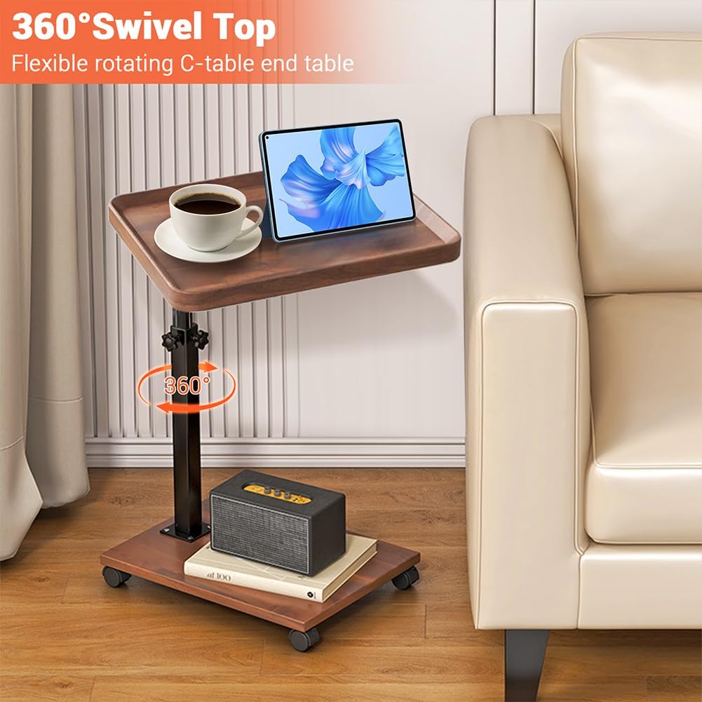 C Shaped End Table Adjustable Height, 360°Swivel TV Tray Table for Small Spaces, Couch Tables That Slide Under, c Shaped Side Tables with Wheels