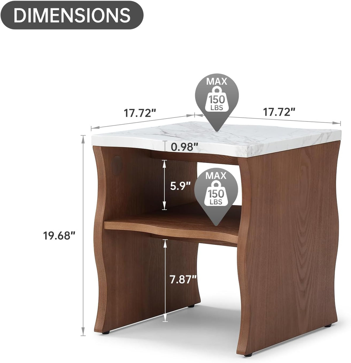 Mid-Century Modern Side Table,17.72" Whisper of Waves Design End Table with White Marble-Pattern Tabletop Open Storage Shelf and Solid Wood Veneered Base Bedroom Nightstand End Table for Living Room