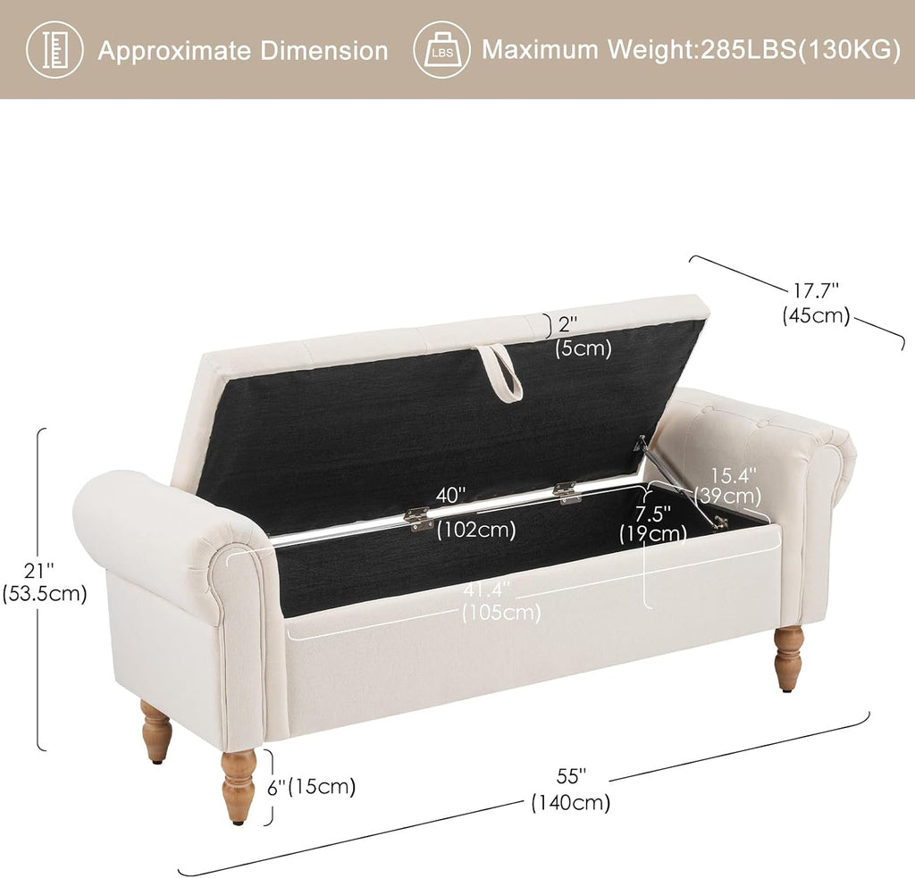Furniliving 55” End of Bed Bench, Bedroom Bench with Button-Tufted, Large Upholstered Storage Ottoman Entryway Bench with Storage Shoe Cabinet Bench, for Bedroom, Linen, Beige