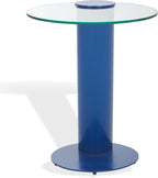 SAFAVIEH Couture Collection - Richardson Blue Metal Accent Table, Sculptural Modern Side Table, Round Glass Top Design (SFV6804C)