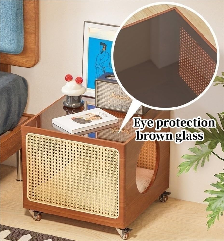 2-in-1 Cat Coffee Table Wood Rattan Side Cabinet with Glass Top Wheels Shared Pet-Human Furniture for Living Room Room Long-Lasting