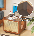 2-in-1 Cat Coffee Table Wood Rattan Side Cabinet with Glass Top Wheels Shared Pet-Human Furniture for Living Room Room Long-Lasting