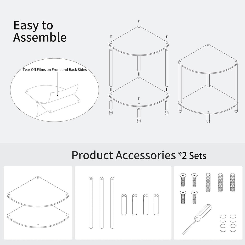 Clear Triangle Acrylic Side Table Set of 2 for Small Space, 11.81" L x 11.81" W x 19.82" H, 2-Tier Corner Shelf Stand End Table for Living Room Bedroom, Corner Rack Storage Shelf for Bathroom