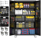 Yeeoy 72" Wide & Deep Metal Garage Storage Cabinet with Wheels, Black | Rolling Tool Cabinet, Locker Storage Cabinet, File Cabinets, Garage Closet, Locking Doors & Adjustable Shelves