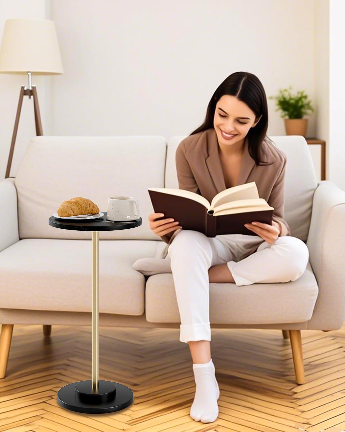 Round Side Table, Small Drink Table for Small Spaces, Modern Accent End Table with Metal Leg for Living Room, Bedroom, Corners, and Office (Black Marble)