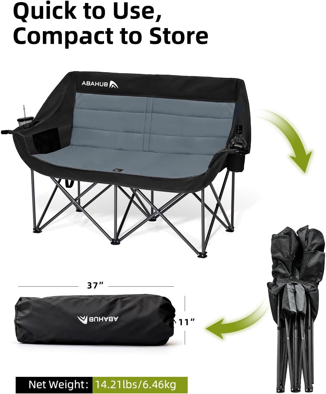 Abahub 2-Person Folding Camping Chair Loveseat Couch Chairs, 650 LBS Portable Quad Fold for Outdoor Camping, Lawn, Backyard, Patio, Tailgating, Sports, Soccer Games & Beach Days Black Grey