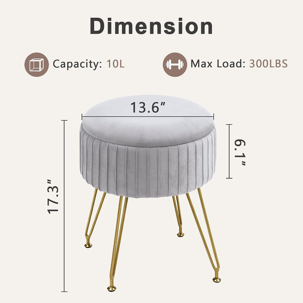 Round Vanity Stool with Storage Ottoman, Vanity Chair for Makeup Room with Removable Cover, Small Footrest Ottoman for Home, Living Room, Bedroom (Grey)