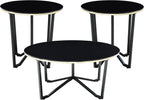 3pc Round Coffee and End Tables Set Black Tempered Glass Top Metal Frame | Includes 1 cocktail table and 2 end tables with black tempered glass tops