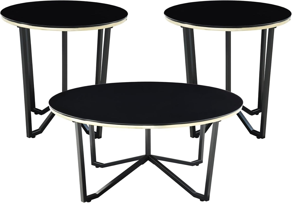 3pc Round Coffee and End Tables Set Black Tempered Glass Top Metal Frame | Includes 1 cocktail table and 2 end tables with black tempered glass tops