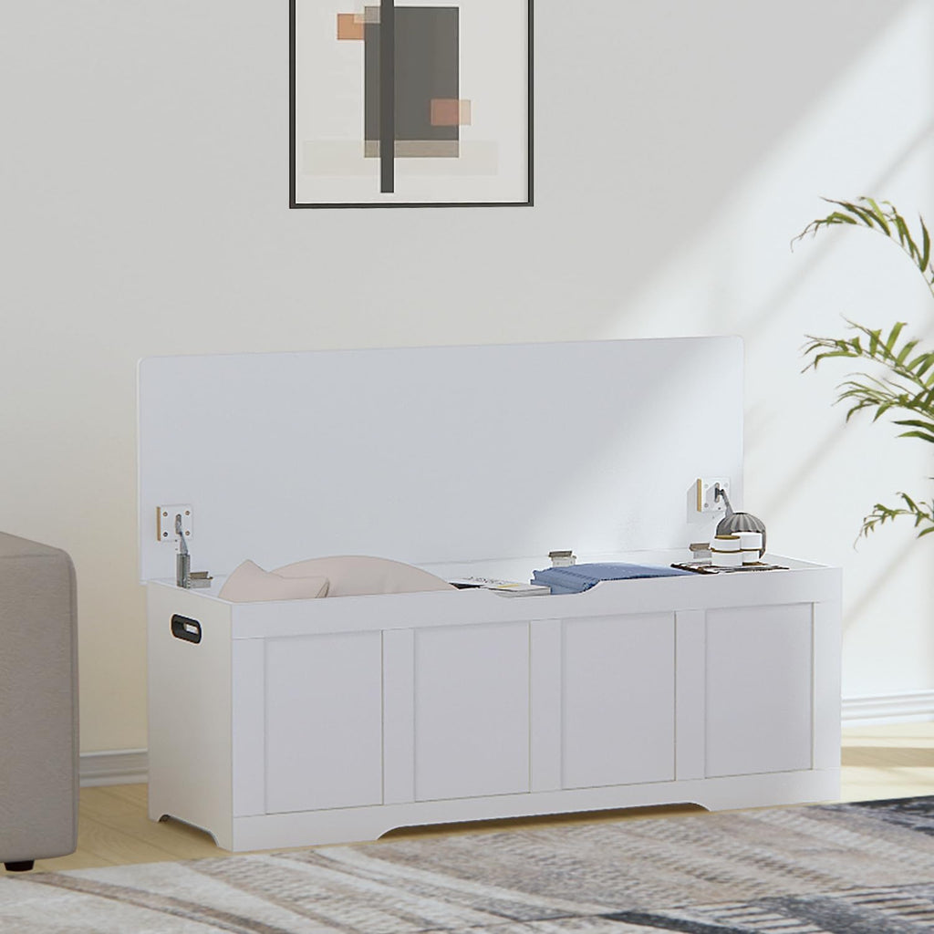 Timberer 47.2" Storage Chest, Extra Large Storage Trunk with 2 Safety Hinges, Wooden Storage Bench, Shoe Bench, Entryway Bench for Living Room, Bedroom, White