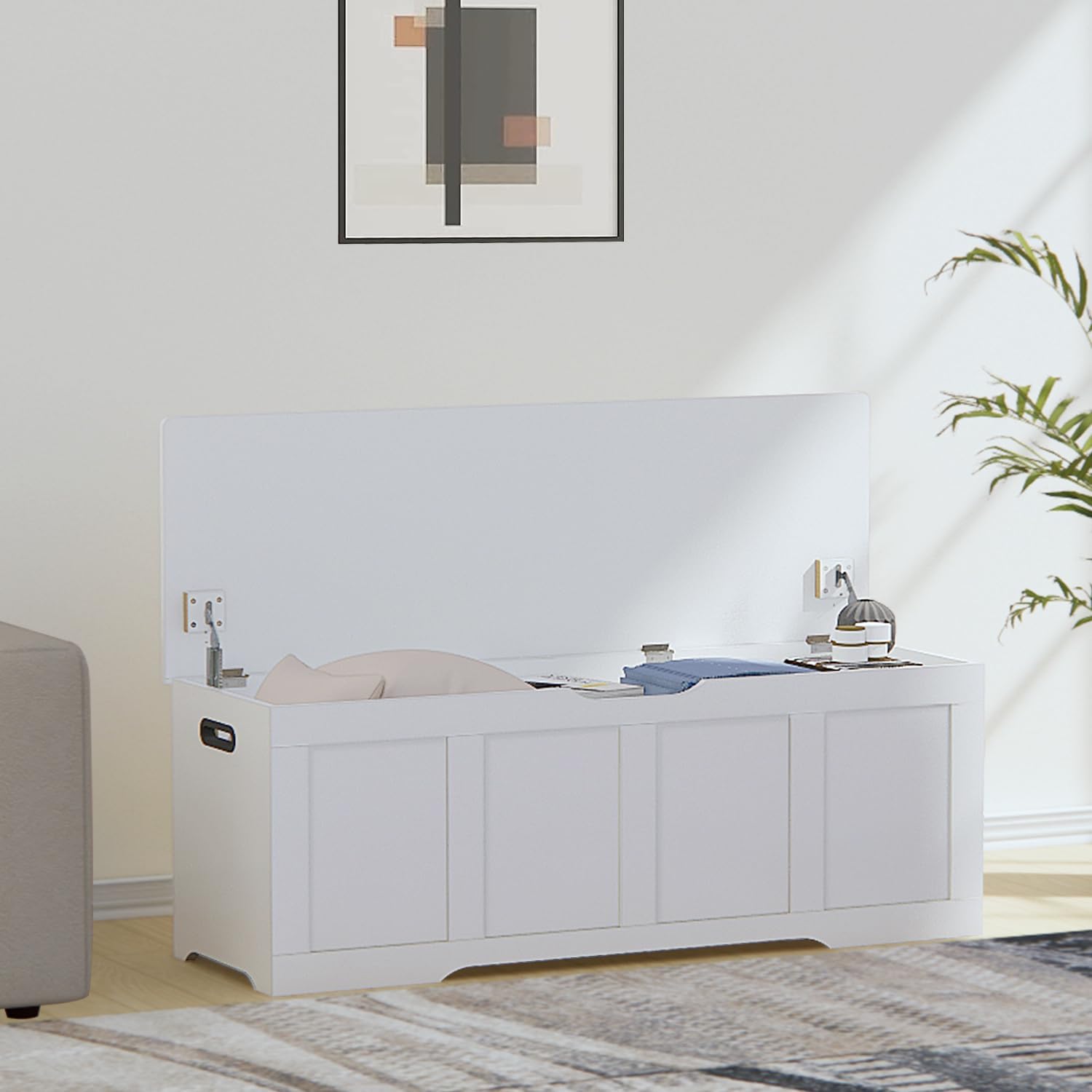 Timberer 47.2" Storage Chest, Extra Large Storage Trunk with 2 Safety Hinges, Wooden Storage Bench, Shoe Bench, Entryway Bench for Living Room, Bedroom, White