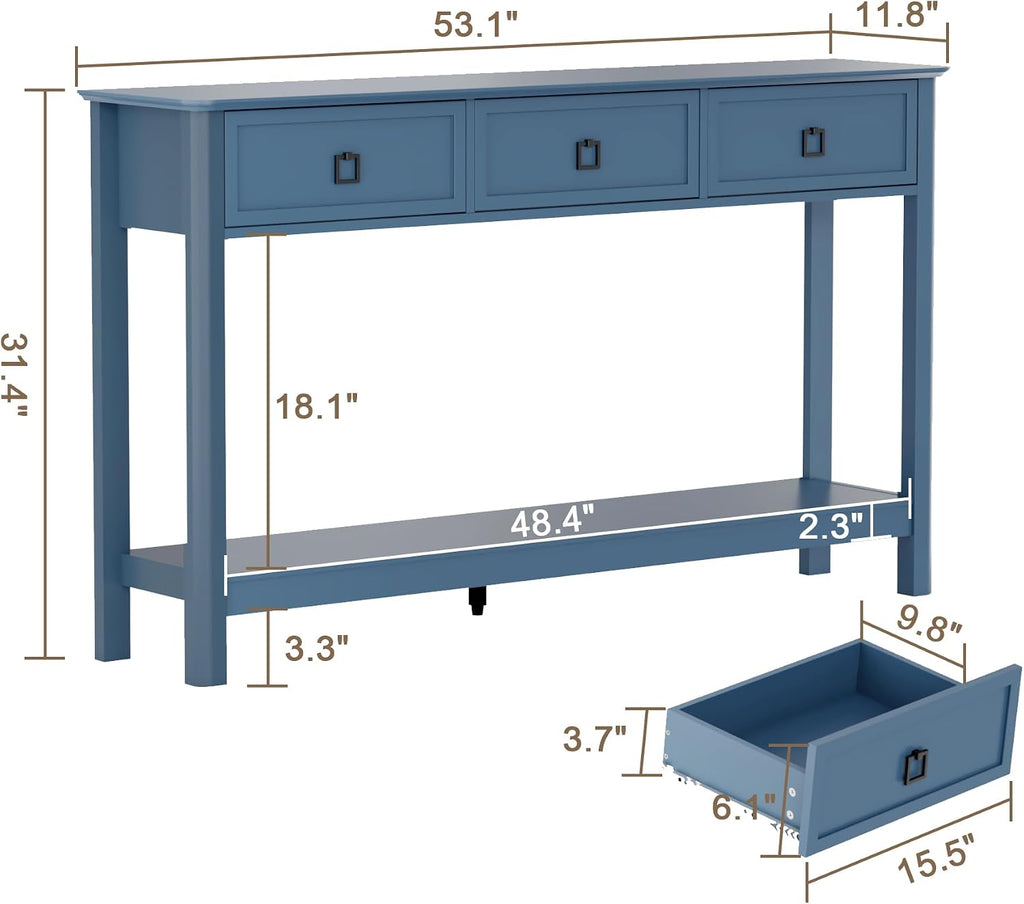 Treocho 53.1" Console Table with 3 Drawers, Sofa Table Behind Couch, 2 Tier | Long Entryway Table with Storage, Modern, For Hallway, Living Room, Blue