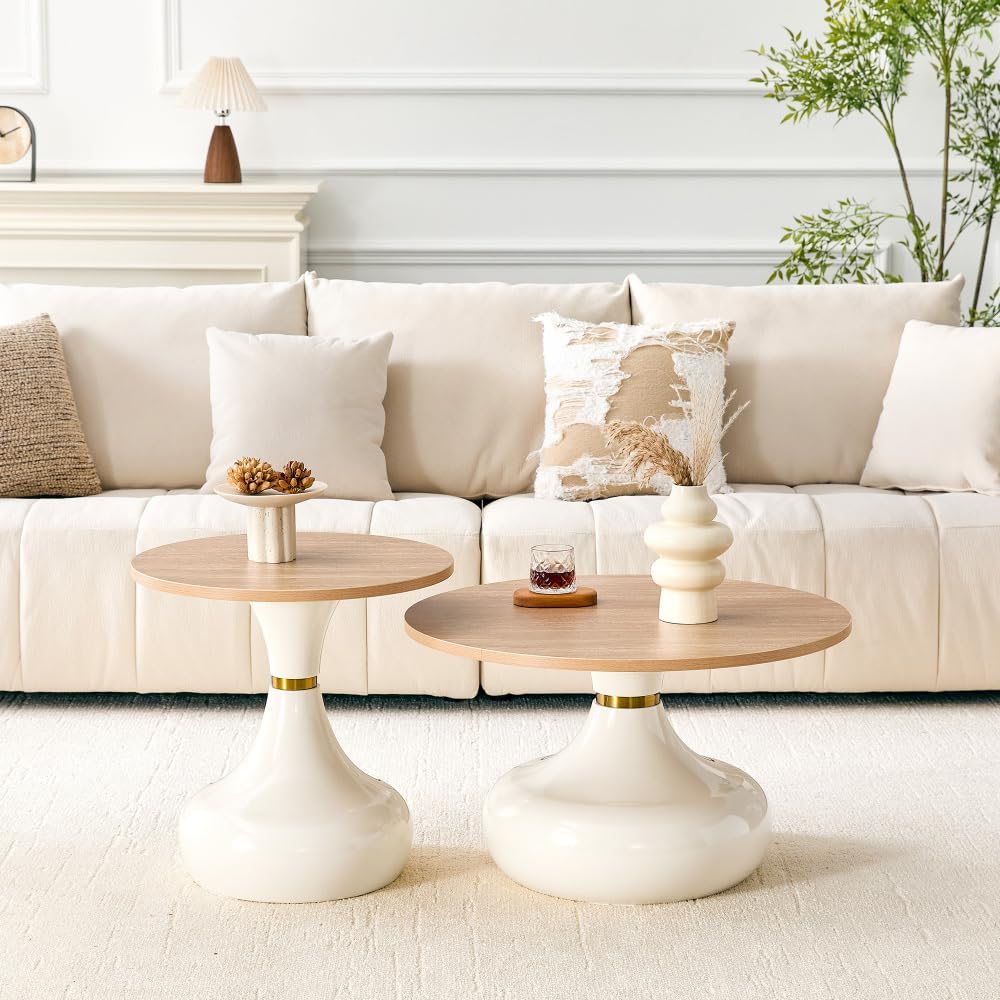 Affordable Luxury Gourd-Shaped Nesting Coffee Table Set. (Off White + Wood + MDF+Metal)