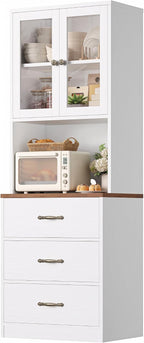 Keyluv 71“ Tall Kitchen Pantry Storage Cabinet with Microwave Stand, Buffet Kitchen Hutch with Shelves and Drawers, Wood Coffee Bar Pantry Cabinet with Glass Doors, for Dining Room/Small Space, White