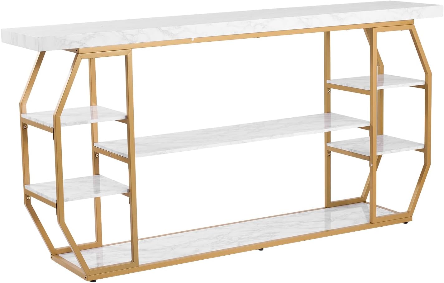 VEVOR Marble Console Table, 3 Tiers Modern Console Table for Open Storage, Golden Geometric Table with Iron Tubes, Anti-Tip Device and Triangular Support for Living Room, Hallway, Entryway