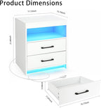Night Stand with Charging Station and Ambient Light, LED Nightstand with USB-C Ports and Outlets, Morden Bedside Table with 2 Drawers and Open Compartment, End Table for Bedroom, White