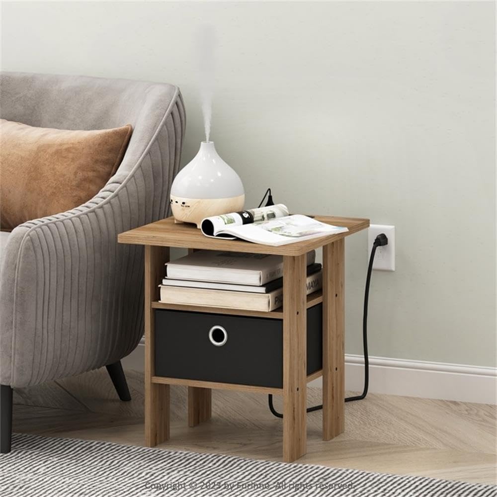 Pemberly Row Charging Station End Table, Composite Wood, Flagstaff Oak/Black Finish, 2 AC Outlets, USB & Type-C Ports, Includes Basket, 15.55 x 15.55 x 17.68 in, Living Room/Bedroom Use