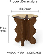 MDF Frame Side Table with Brown Tempered Glass Top, Mortise and Tenon Joint Design, No Screw Easy Assembly, Sturdy End Table for Living Room, Bedroom (Seaweed-Brown)