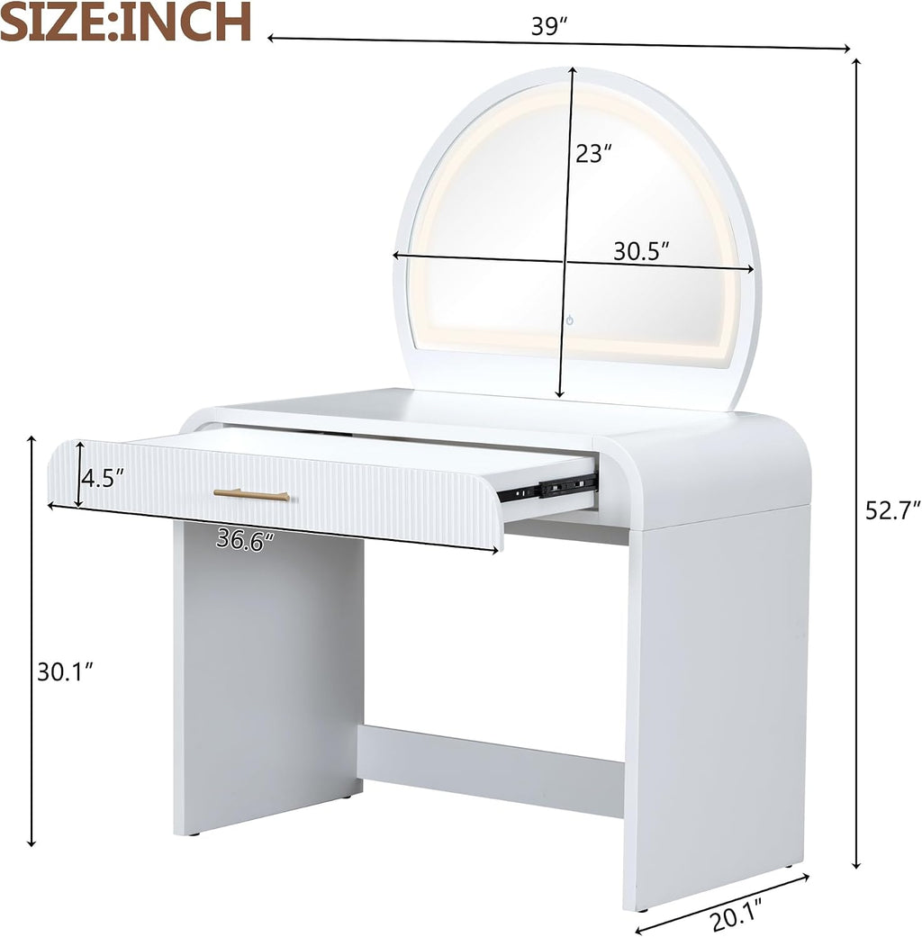 39" Vanity with Round Lighted Mirror & Touch Screen, Led Smart Mirror with 3 Color Lighting, Vintage Makeup Vanity with Drawer & Removable Top Dual-Purpose Desk for Bedroom, White