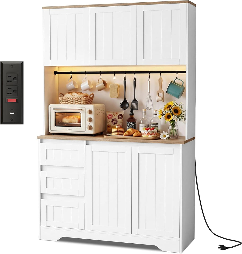 70.8'' LED Pantry Cabinet with Charging Station, Tall Kitchen Pantry Storage Cabinet with Countertop & Cup Hooks, Farmhouse Kitchen Hutch with Storage Drawers for Dining Room, White
