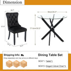 Dining Table Set for 4, Round Glass Kitchen Table with 4 Black Upholstered Velvet Accent Chairs, 5-Piece Modern Dining Room Set for Kitchen, Apartment, Small Spaces