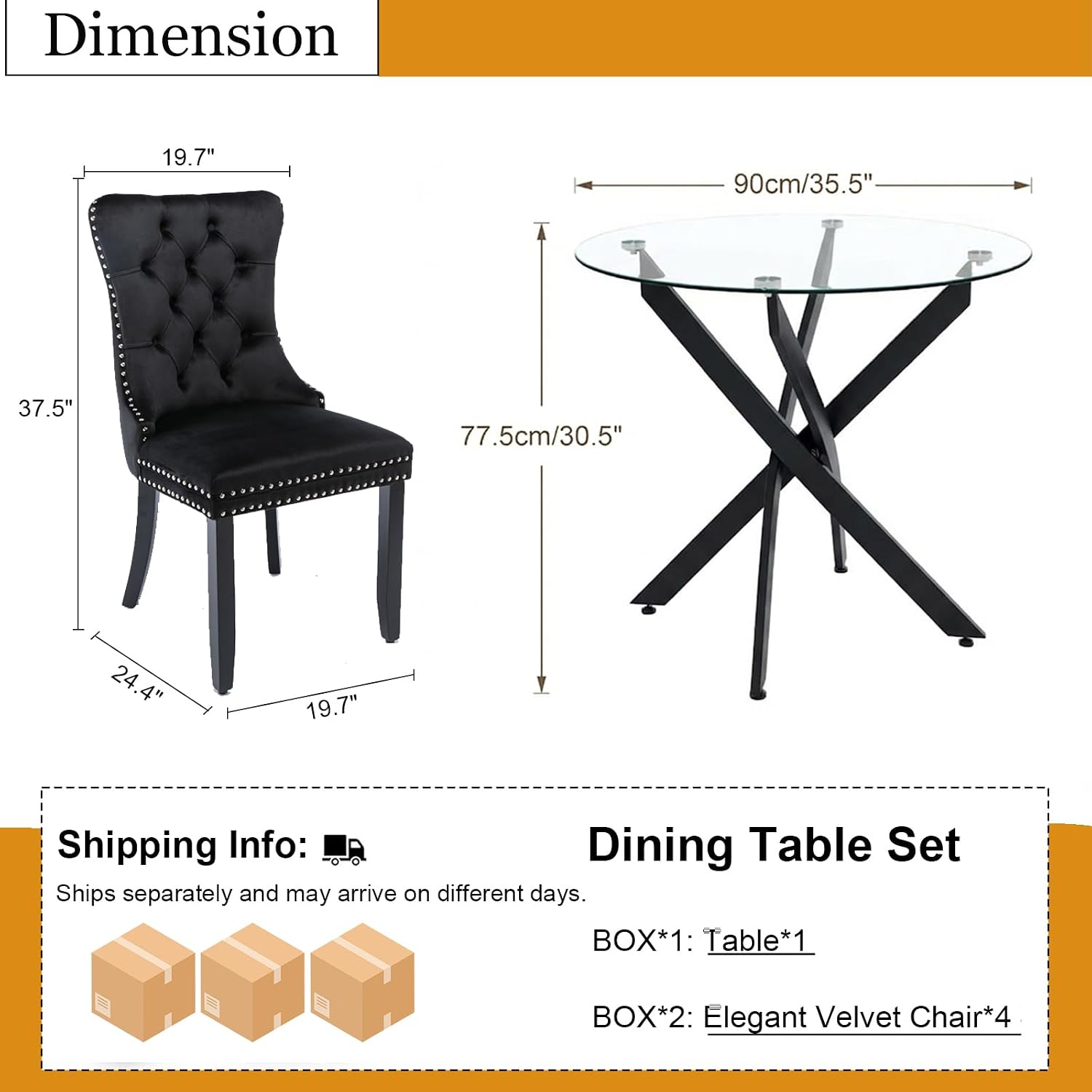 Dining Table Set for 4, Round Glass Kitchen Table with 4 Black Upholstered Velvet Accent Chairs, 5-Piece Modern Dining Room Set for Kitchen, Apartment, Small Spaces
