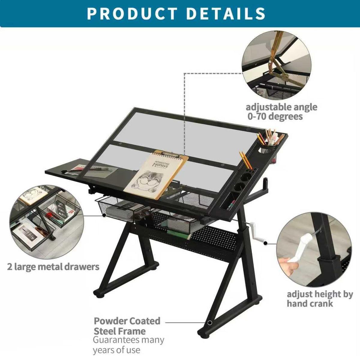 Adjustable Drawing Table for Artists | Drafting Desk with Tilted Glass Top | Art & Craft Table for Adults (Black, Smart Upgrade-29.52’’- 37.8'' H)
