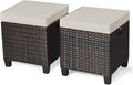 DORTALA Outdoor Ottoman Wicker 2 Piece, Patio Ottomans PE Rattan Foot Rest with Cushion for Couch, Chair, Brown