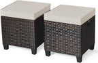 DORTALA Outdoor Ottoman Wicker 2 Piece, Patio Ottomans PE Rattan Foot Rest with Cushion for Couch, Chair, Brown