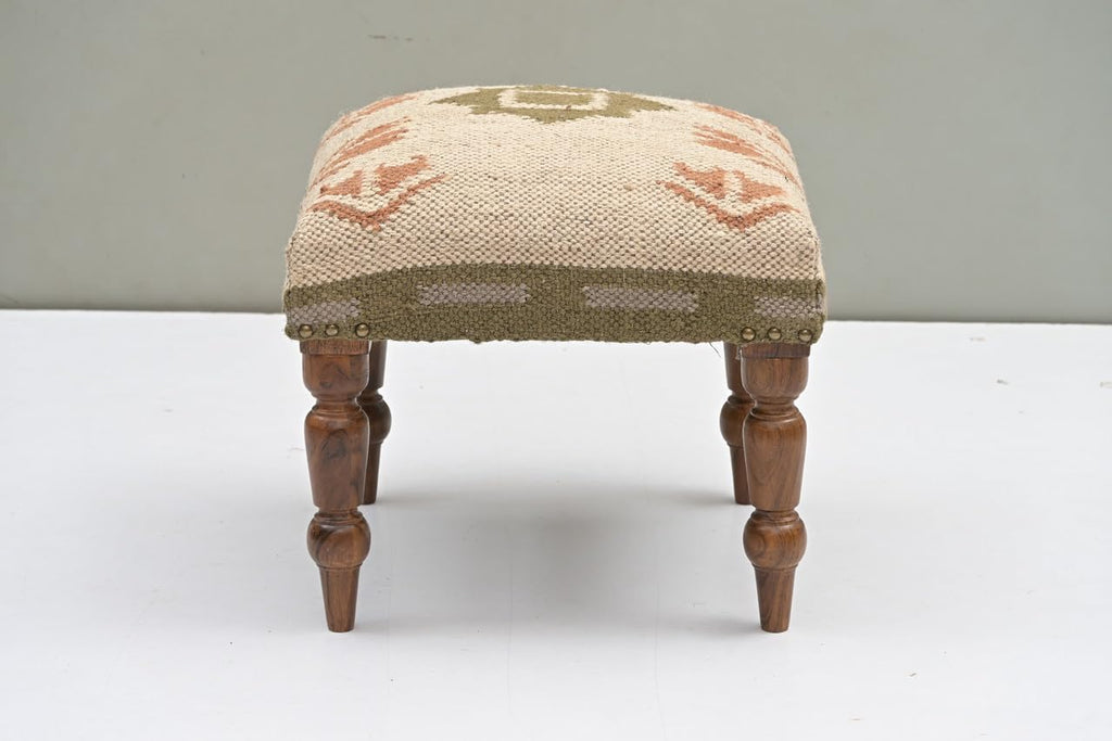 Handmade Jute Upholstered Ottoman Stool | Square Foot Rest with Wooden Legs | Decorative Accent Seating for Bedroom, Living Room, Entryway, Vanity & Hallway (Beige-Green)