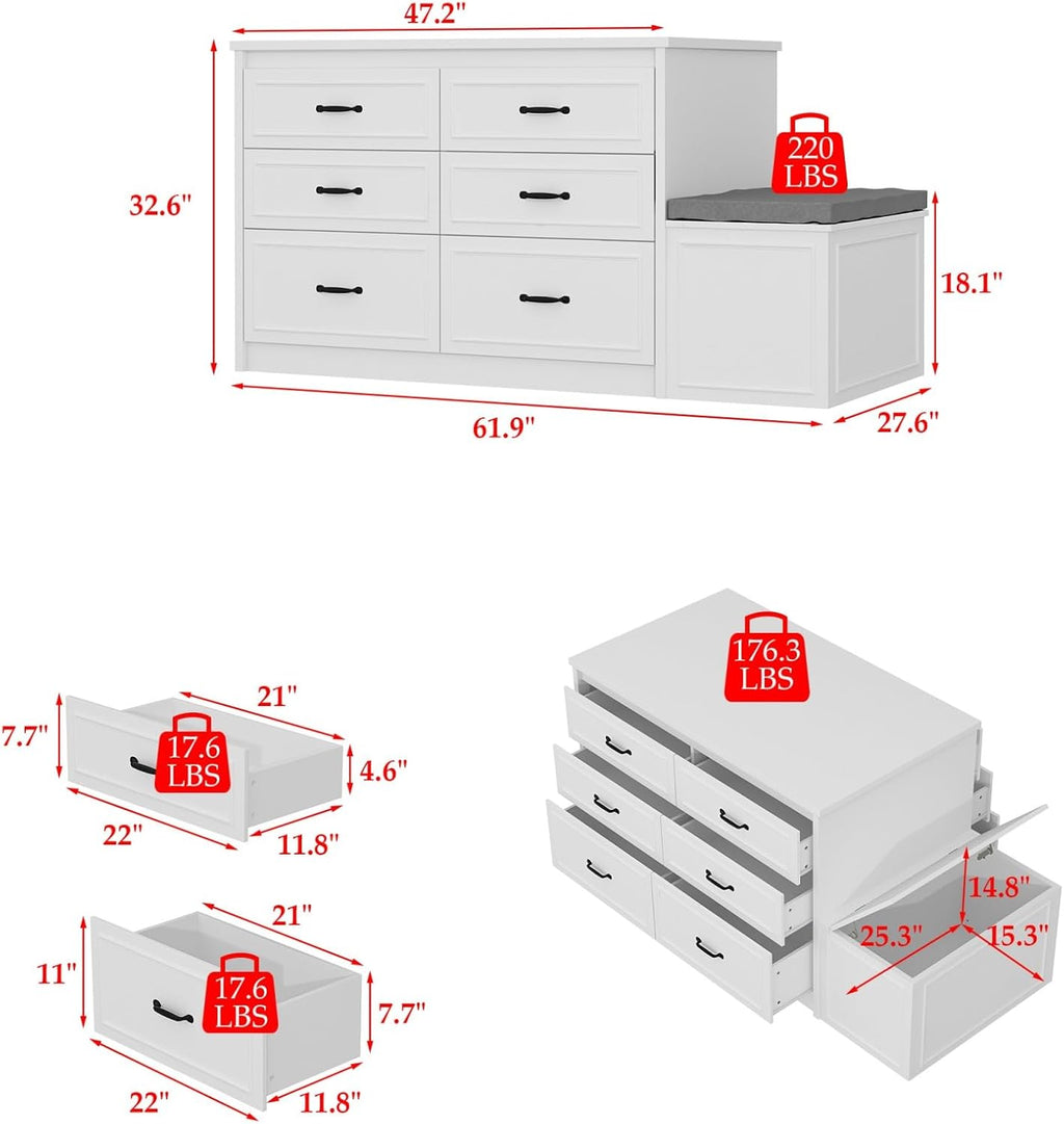 Armoire Bedroom Wardrobe Closet Island with 12 Drawers & Flip Door, Walk in Closet Island with Storage Bench, Islands Dresser for Bedroom Cloakroom White (61.9”W x 27.6”D x 32.6”H)