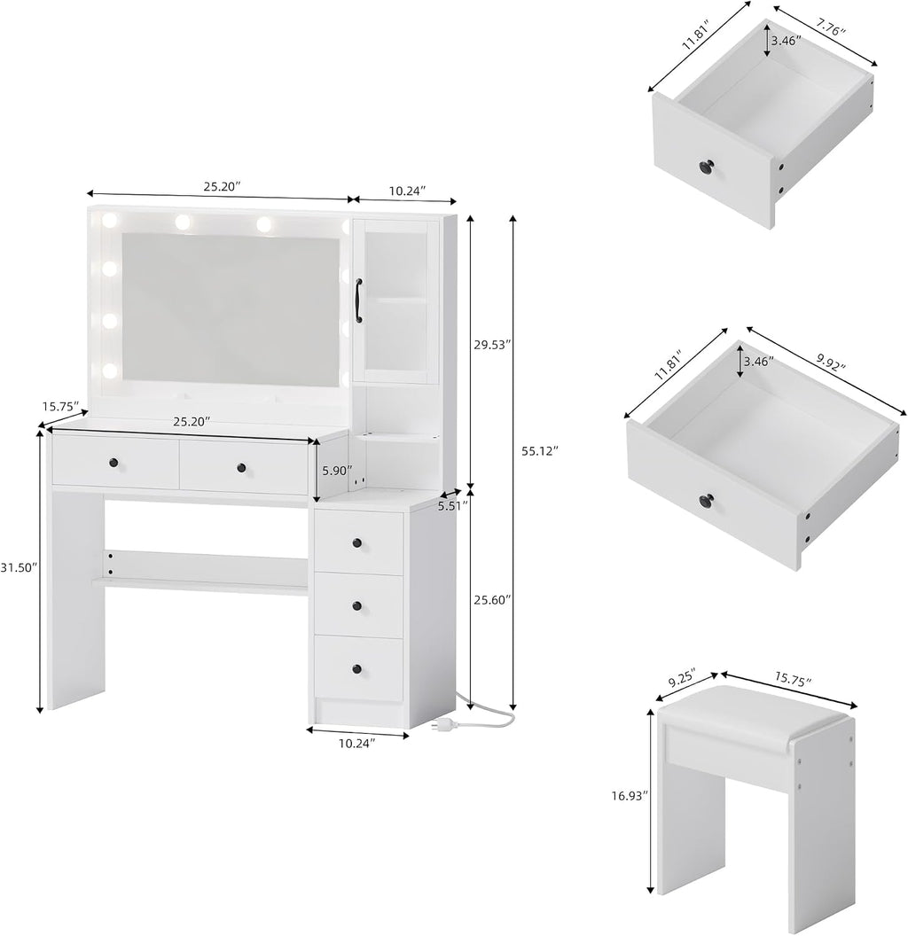 35.4” Makeup Vanity Desk with Charging Station, White Makeup Dressing Table with Mirror & Lights, 3 Lighting Modes Adjustable Brightness, Vanity Table with Power Outlet & 5 Drawers Round Handle