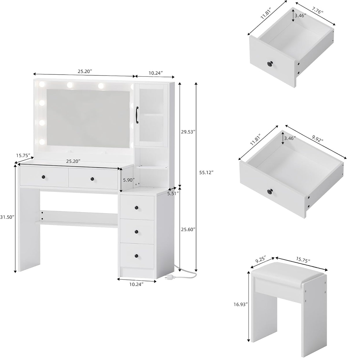 35.4” Makeup Vanity Desk with Charging Station, White Makeup Dressing Table with Mirror & Lights, 3 Lighting Modes Adjustable Brightness, Vanity Table with Power Outlet & 5 Drawers Round Handle