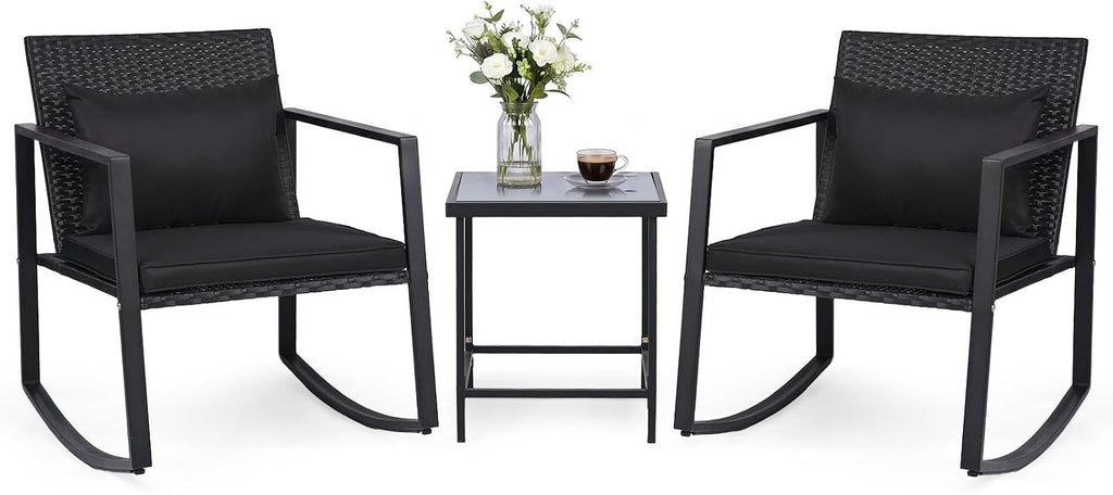 Tangkula 3 Pieces Outdoor Rocking Chairs Set, Rattan Heavy Duty Cushioned Rocker Chairs with Cushions, Pillows, Tempered Glass Table, Metal Frame for Garden, Balcony, Backyard (Black)