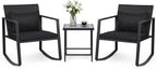 Tangkula 3 Pieces Outdoor Rocking Chairs Set, Rattan Heavy Duty Cushioned Rocker Chairs with Cushions, Pillows, Tempered Glass Table, Metal Frame for Garden, Balcony, Backyard (Black)