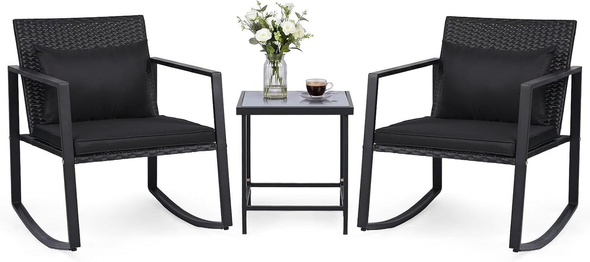 Tangkula 3 Pieces Outdoor Rocking Chairs Set, Rattan Heavy Duty Cushioned Rocker Chairs with Cushions, Pillows, Tempered Glass Table, Metal Frame for Garden, Balcony, Backyard (Black)