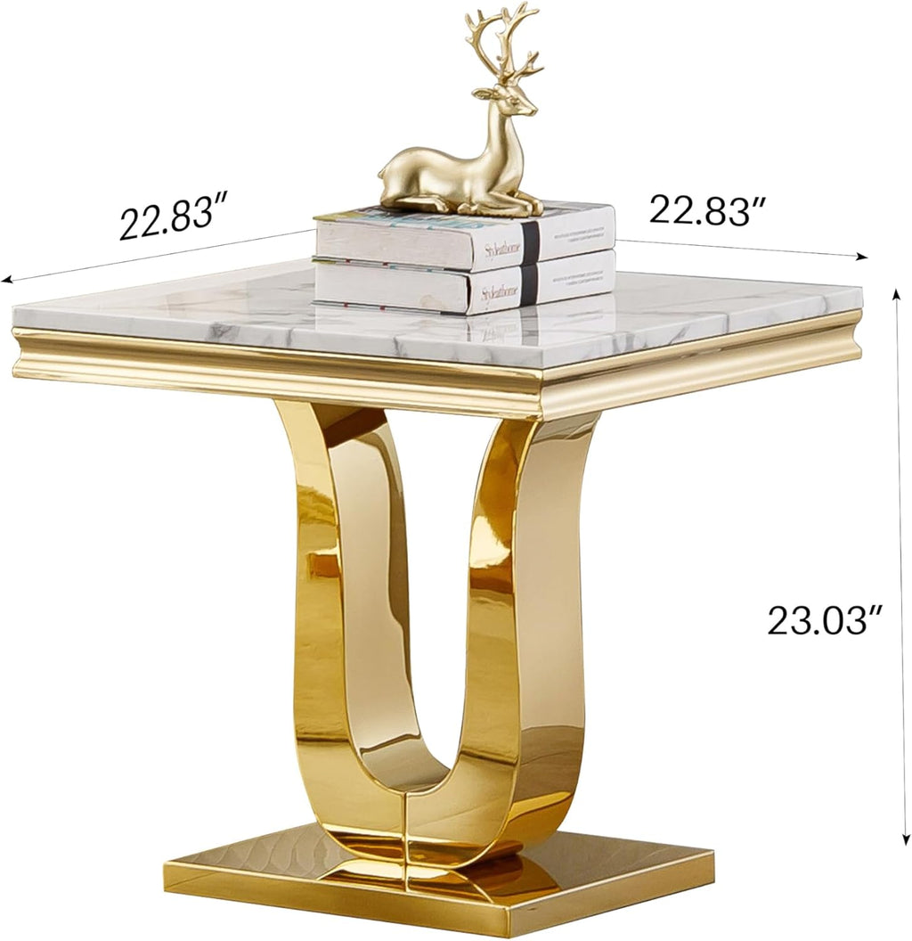 1 Piece Living Room End Table Luxury Faux Marble Sofa Side Table, Modern White Gold End Table with U-Shape Stainless Steel Pedestal Base
