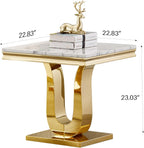 1 Piece Living Room End Table Luxury Faux Marble Sofa Side Table, Modern White Gold End Table with U-Shape Stainless Steel Pedestal Base