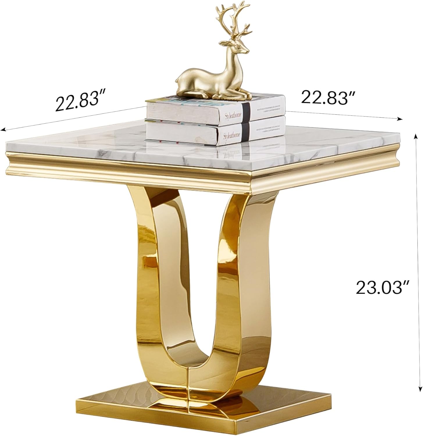 1 Piece Living Room End Table Luxury Faux Marble Sofa Side Table, Modern White Gold End Table with U-Shape Stainless Steel Pedestal Base