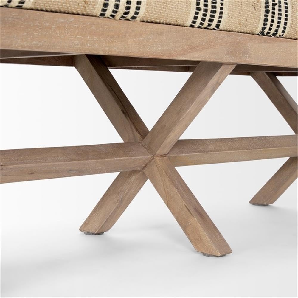 Pemberly Row Upholstered Accent Bench, 50L x 16W x 18.8H, Mango Wood Base, Beige/Black Stripe Jute Cushion, Farmhouse Global-Inspired Design, Versatile Kitchen or Living Room Seating